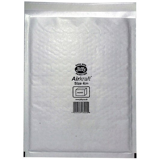 Jiffy Airkraft No.4 Bubble Lined Postal Bags, 240x320mm Peel & Seal, White, Pack of 100