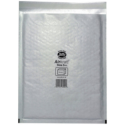 Jiffy Airkraft No.5 Bubble Lined Postal Bags, 260x345mm Peel & Seal, White, Pack of 100