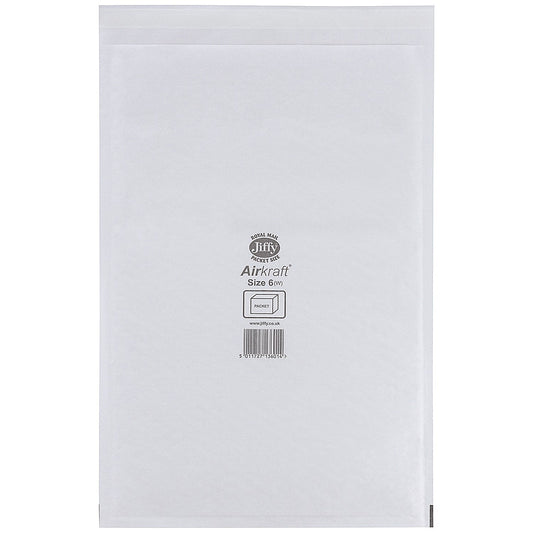 Jiffy Airkraft No.6 Bubble Lined Postal Bags, 290x445mm, Peel & Seal, White, Pack of 100