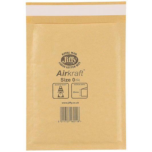 Jiffy Airkraft No.0 Bubble Lined Postal Bags, 140x195mm Peel & Seal, Gold, Pack of 100