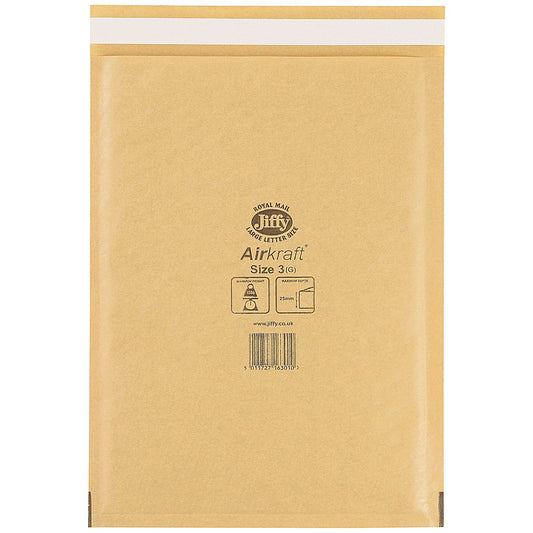 Jiffy Airkraft No.3 Bubble Lined Postal Bags, 220x320mm Peel & Seal, Gold, Pack of 100