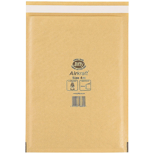 Jiffy Airkraft No.4 Bubble Lined Postal Bags, 240x320mm Peel & Seal, Gold, Pack of 100