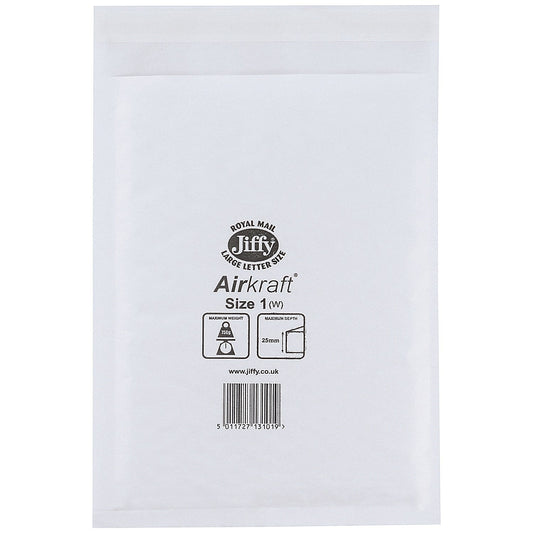 Jiffy Airkraft No.1 Bubble Lined Postal Bags, 170x245mm Peel & Seal, Multi White, Pack of 10