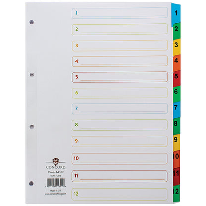 Concord Reinforced Board Index Dividers, 1-12, Multicolour Tabs, A4, White