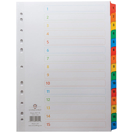 Concord Reinforced Board Index Dividers, 1-15, Multicolour Tabs, A4, White