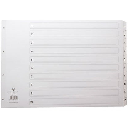 Concord Reinforced Board Index Dividers, 1-10, Clear Tabs, A3, White
