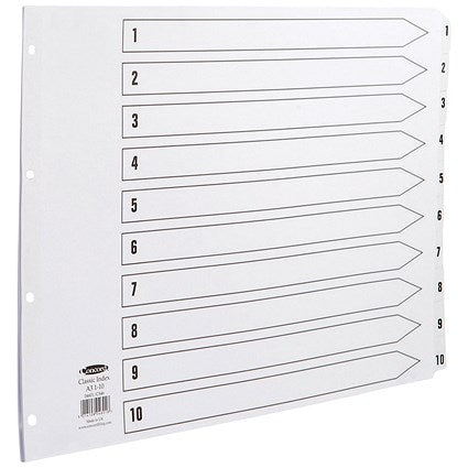 Concord Reinforced Board Index Dividers, 1-10, Clear Tabs, A3, White