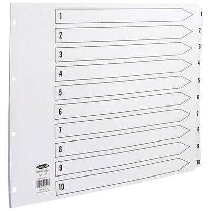 Concord Reinforced Board Index Dividers, 1-10, Clear Tabs, A3, White