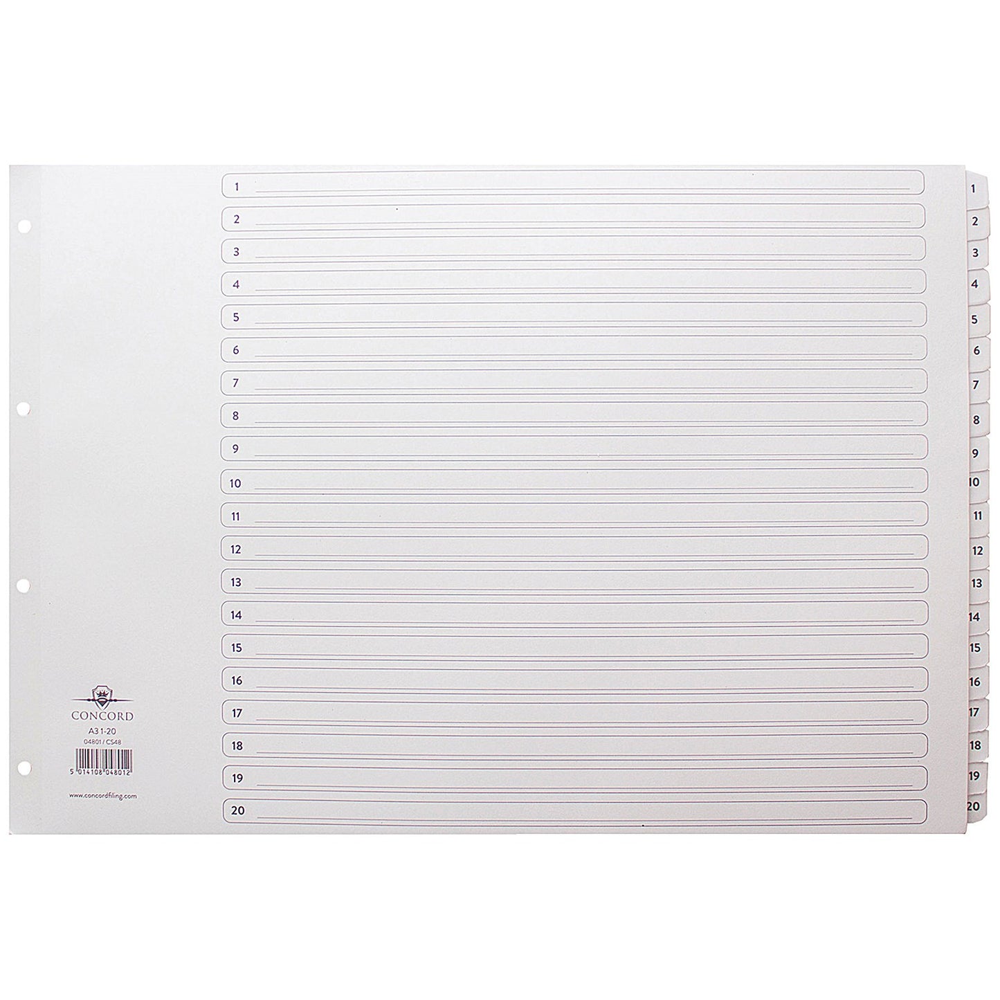 Concord Reinforced Board Index Dividers, 1-20, Clear Tabs, A3, White