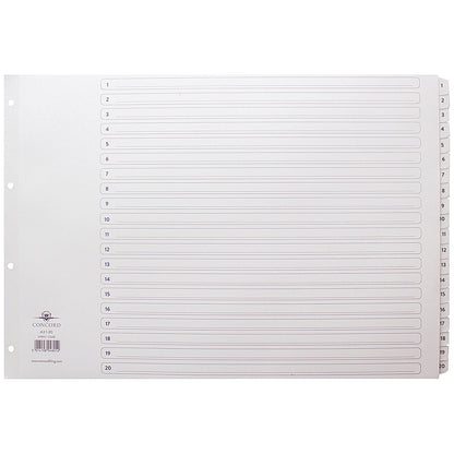Concord Reinforced Board Index Dividers, 1-20, Clear Tabs, A3, White