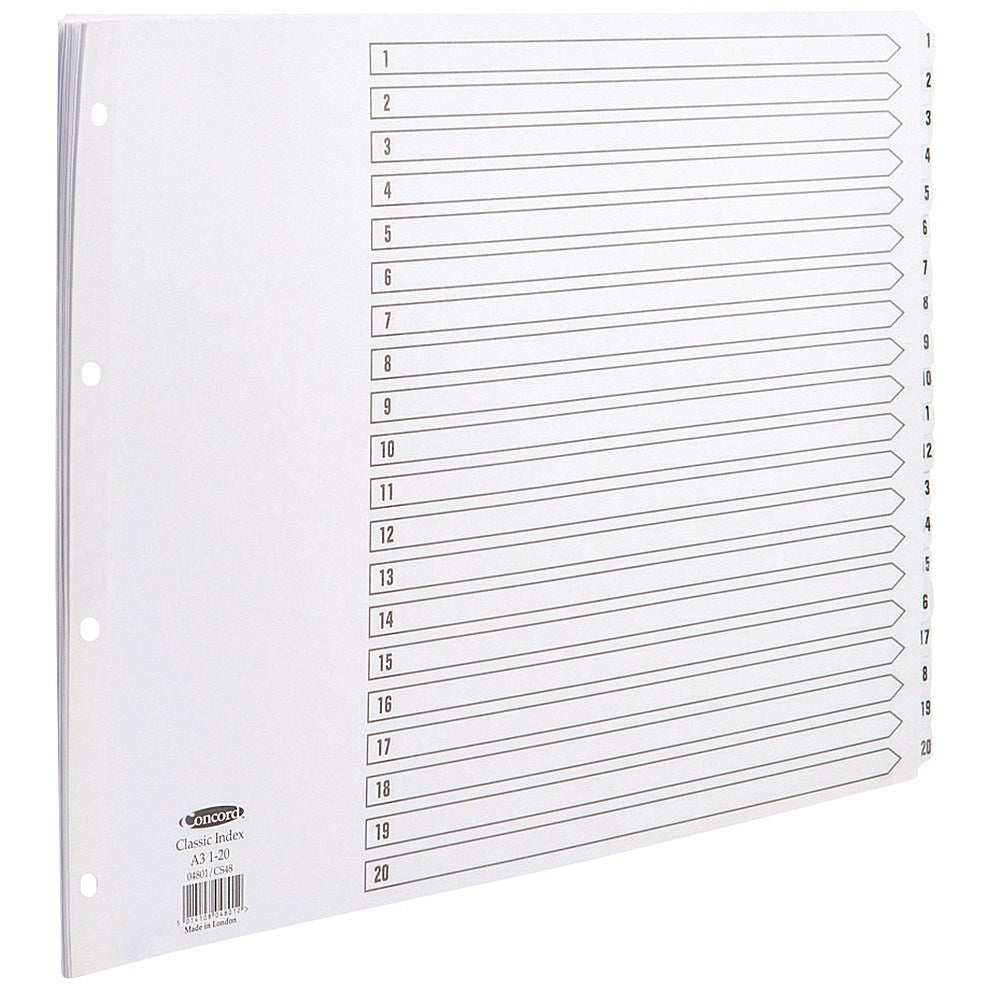 Concord Reinforced Board Index Dividers, 1-20, Clear Tabs, A3, White