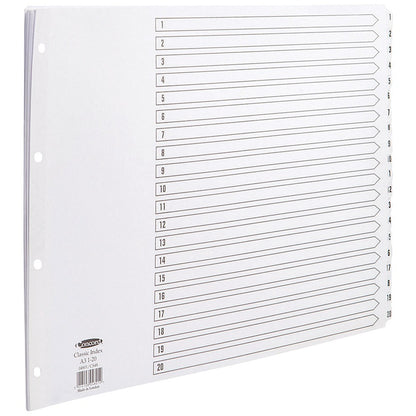 Concord Reinforced Board Index Dividers, 1-20, Clear Tabs, A3, White