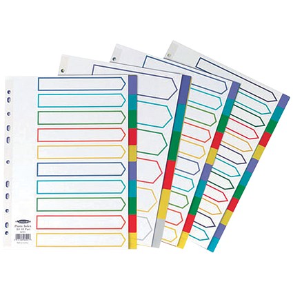 Concord Plastic Subject Dividers, 10-Part, Blank Multicolour Tabs, A4, White