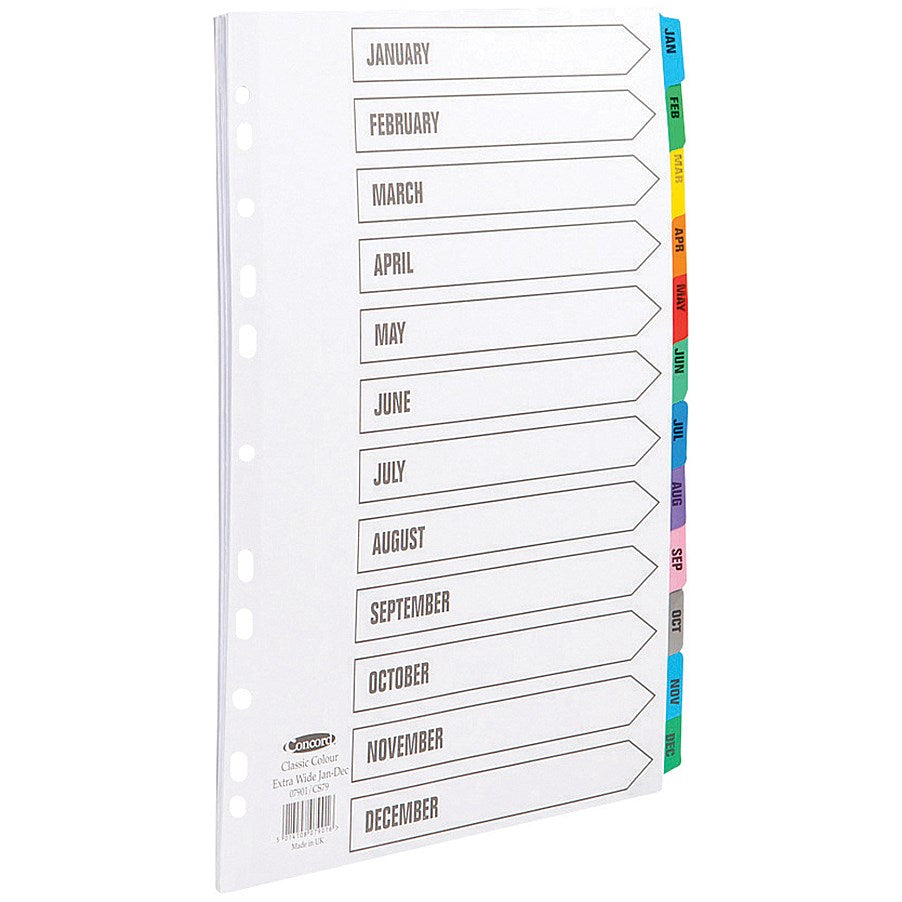 Concord Reinforced Board Index Dividers, Extra Wide, Jan-Dec, Multicolour Tabs, A4, White