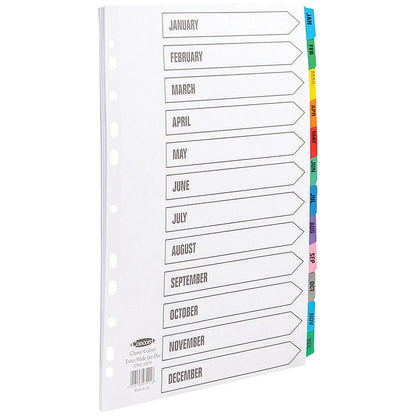 Concord Reinforced Board Index Dividers, Extra Wide, Jan-Dec, Multicolour Tabs, A4, White