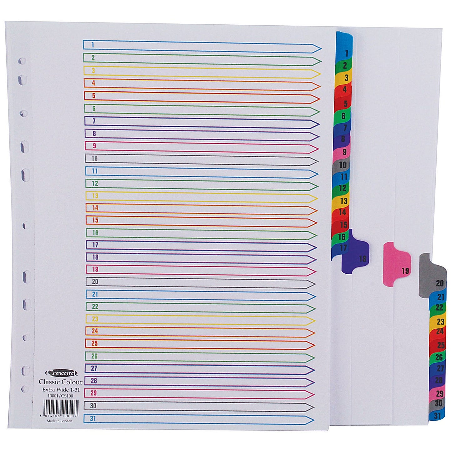 Concord Reinforced Board Index Dividers, Extra Wide, 1-31, Multicolour Tabs, A4, White