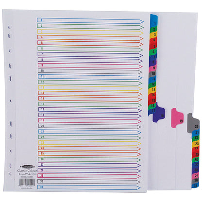 Concord Reinforced Board Index Dividers, Extra Wide, 1-31, Multicolour Tabs, A4, White