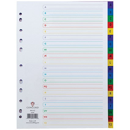 Concord Plastic Index Dividers, A-Z, Multicolour Tabs, A4, White