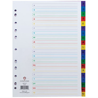 Concord Plastic Index Dividers, A-Z, Multicolour Tabs, A4, White