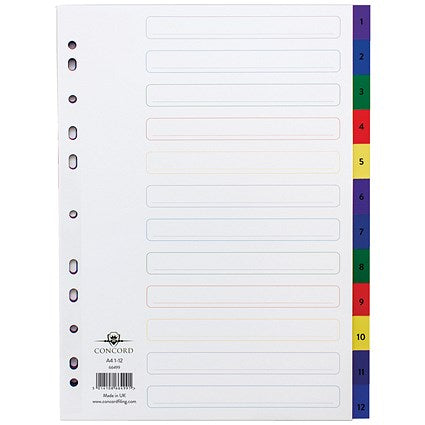 Concord Plastic Index Dividers, 1-12, Multicolour Tabs, A4, White