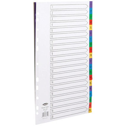Concord Plastic Index Dividers, 1-20, Multicolour Tabs, A4, White