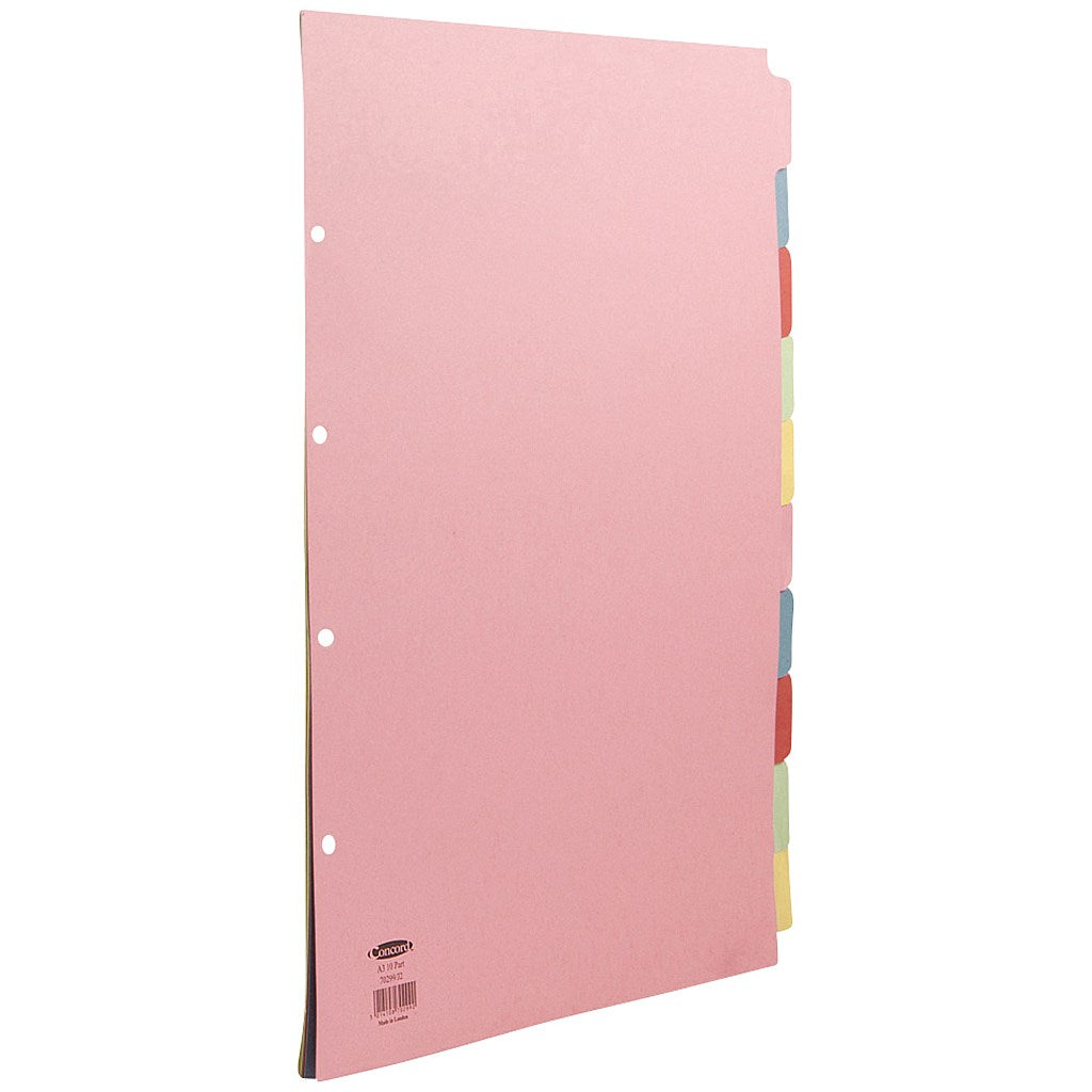 Concord Subject Dividers, 10-Part, Blank Multicolour Tabs, A3, Multicolour