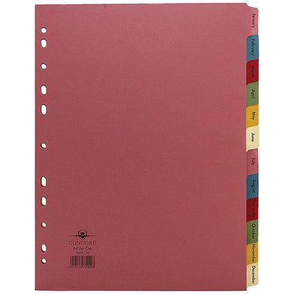 Concord Index Dividers, Jan-Dec, Multicolour Tabs, A4, Multicolour, Pack of 10