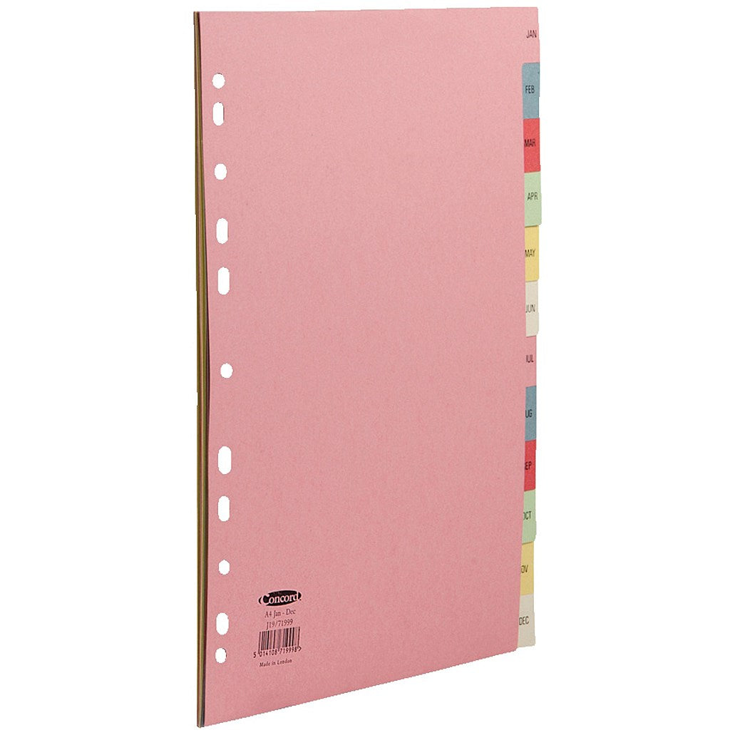 Concord Index Dividers, Jan-Dec, Multicolour Tabs, A4, Multicolour, Pack of 10