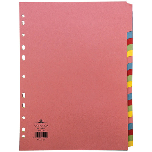 Concord Subject Dividers, 20-Part, Blank Multicolour Tabs, A4, Multicolour