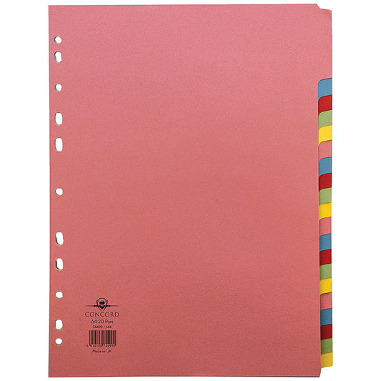 Concord Subject Dividers, 20-Part, Blank Multicolour Tabs, A4, Multicolour