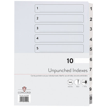 Concord Reinforced Board Unpunched Index Dividers, 1-10, Clear Tabs, A4, White, Pack of 10