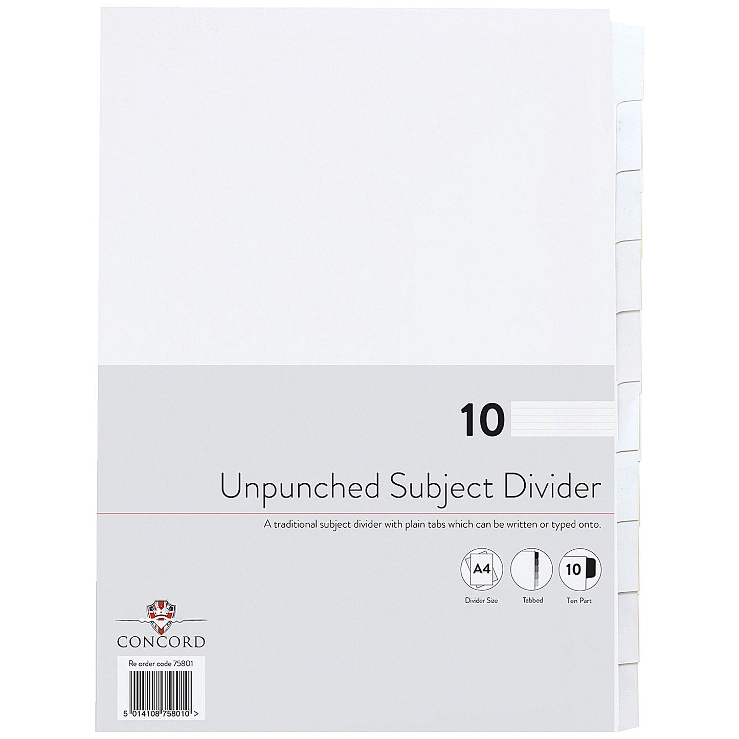 Concord Reinforced Board Unpunched Subject Dividers, 10-Part, Blank Tabs, A4, White, Pack of 10