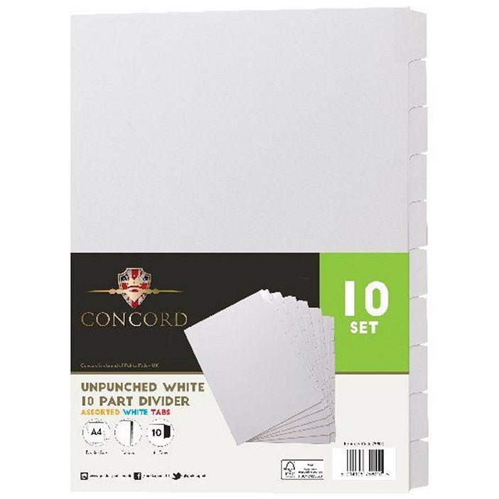 Concord Reinforced Board Unpunched Subject Dividers, 10-Part, Blank Tabs, A4, White, Pack of 10