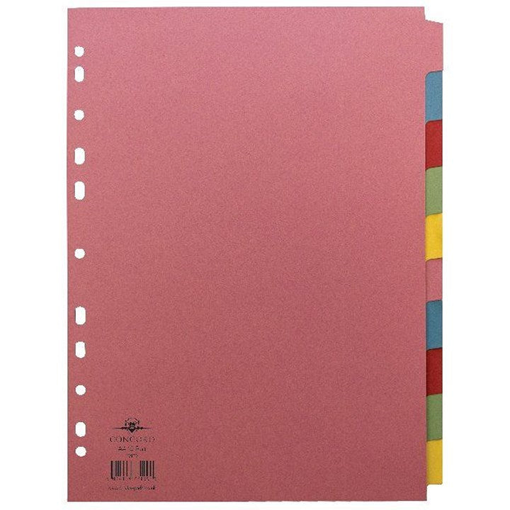 Concord Reinforced Board Subject Dividers, 10-Part, Blank Multicolour Tabs, A4, Multicolour