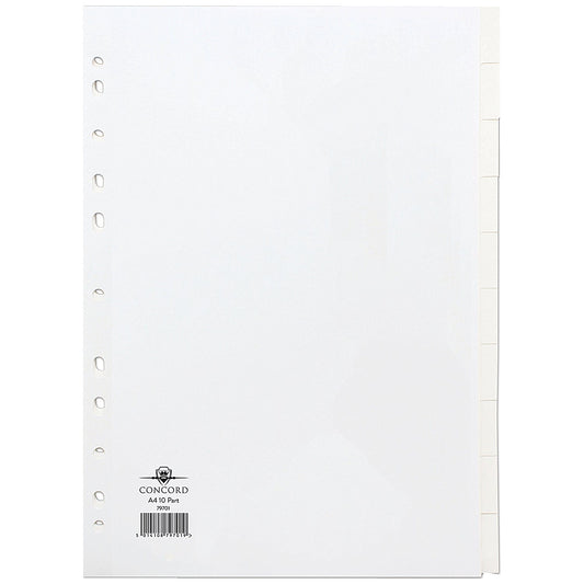 Concord Reinforced Board Subject Dividers, 10-Part, Blank Tabs, A4, White