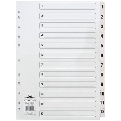 Concord Reinforced Board Index Dividers, 1-12, Clear Tabs, A4, White
