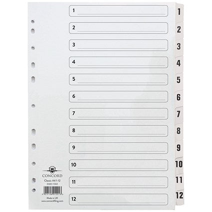 Concord Reinforced Board Index Dividers, 1-12, Clear Tabs, A4, White