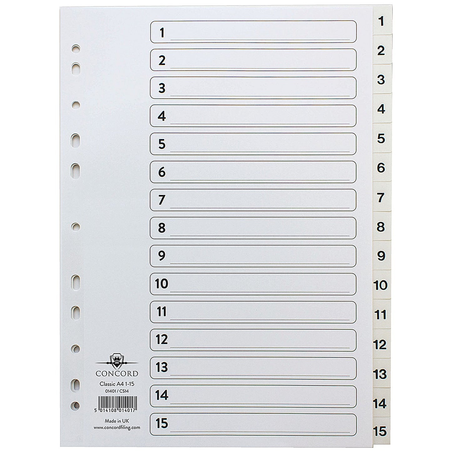 Concord Reinforced Board Index Dividers, 1-15, Clear Tabs, A4, White