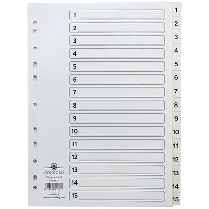 Concord Reinforced Board Index Dividers, 1-15, Clear Tabs, A4, White