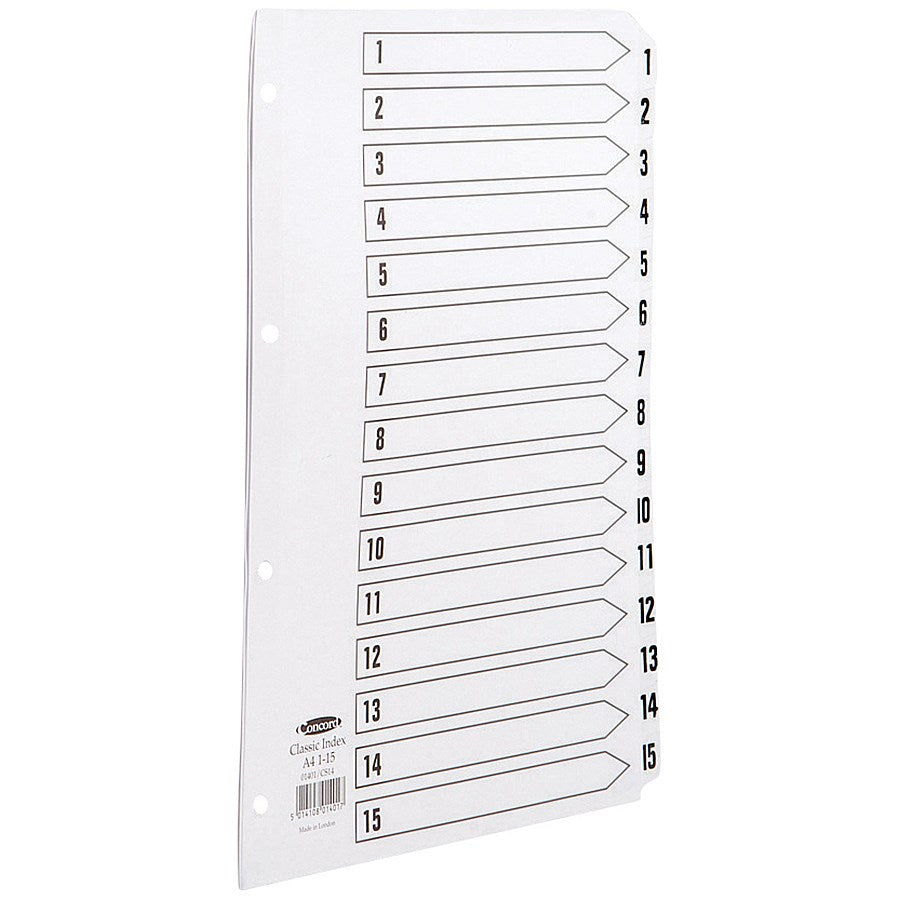 Concord Reinforced Board Index Dividers, 1-15, Clear Tabs, A4, White