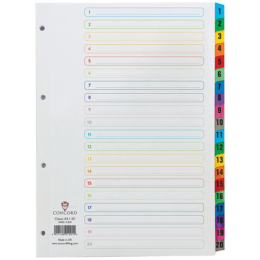 Concord Reinforced Board Index Dividers, 1-20, Multicolour Tabs, A4, White