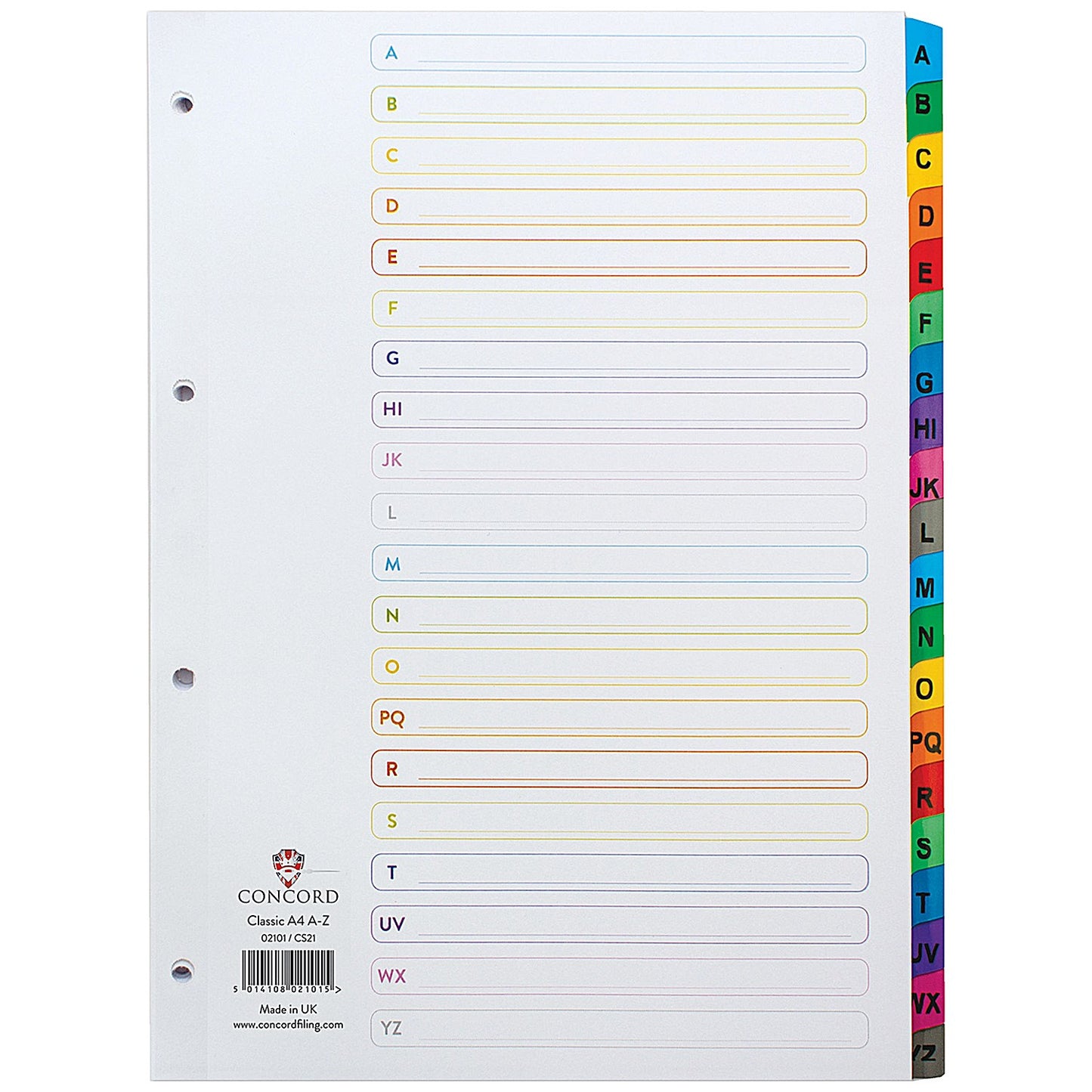 Concord Reinforced Board Index Dividers, A-Z, Multicolour Tab, A4, White