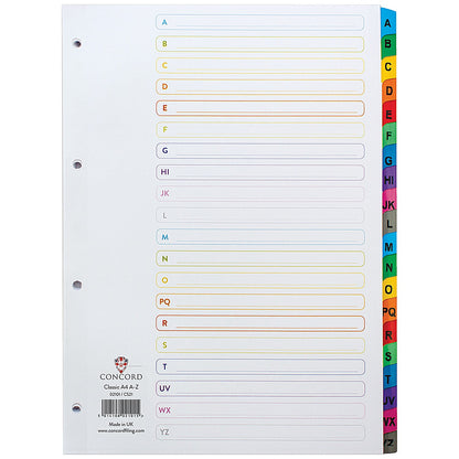 Concord Reinforced Board Index Dividers, A-Z, Multicolour Tab, A4, White