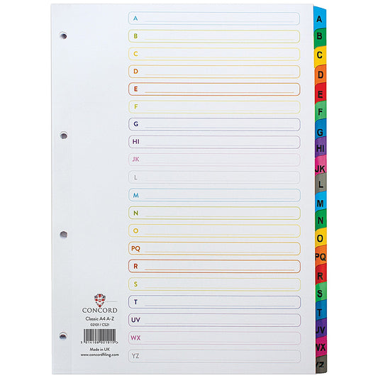 Concord Reinforced Board Index Dividers, A-Z, Multicolour Tab, A4, White