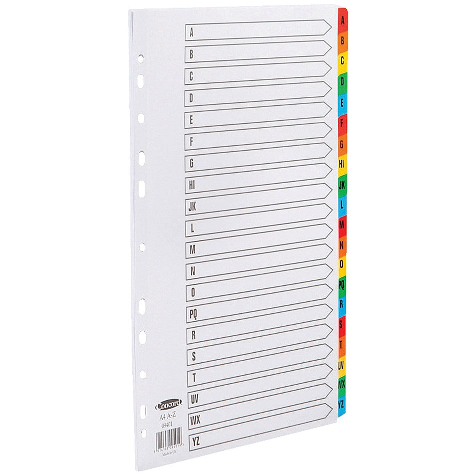 Concord Reinforced Board Index Dividers, A-Z, Multicolour Tab, A4, White