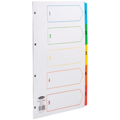 Concord Reinforced Board Index Dividers, 1-5, Multicolour Tabs, A4, White