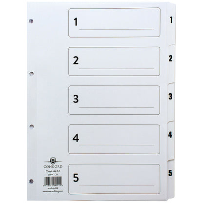 Concord Reinforced Board Index Dividers, 1-5, Clear Tabs, A4, White