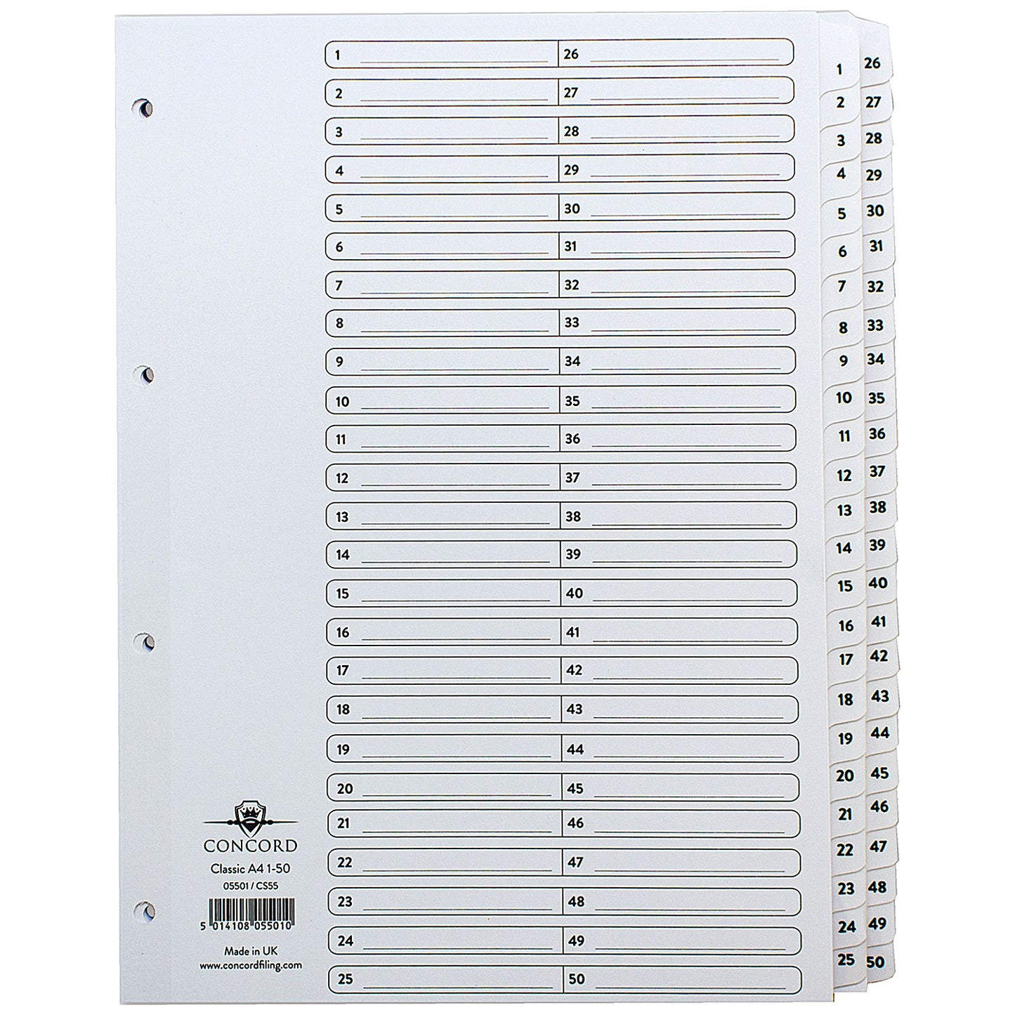 Concord Reinforced Board Index Dividers, 1-50, Clear Tabs, A4, White