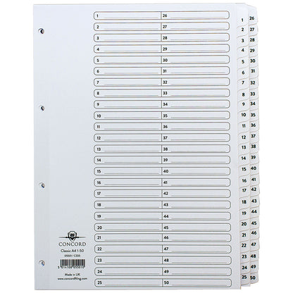 Concord Reinforced Board Index Dividers, 1-50, Clear Tabs, A4, White