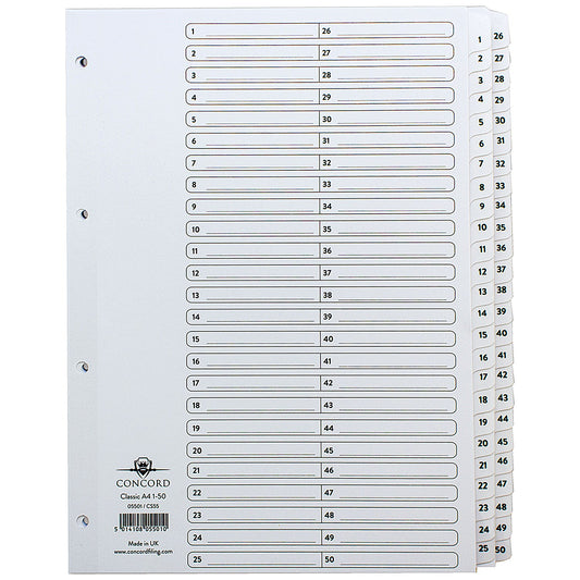Concord Reinforced Board Index Dividers, 1-50, Clear Tabs, A4, White